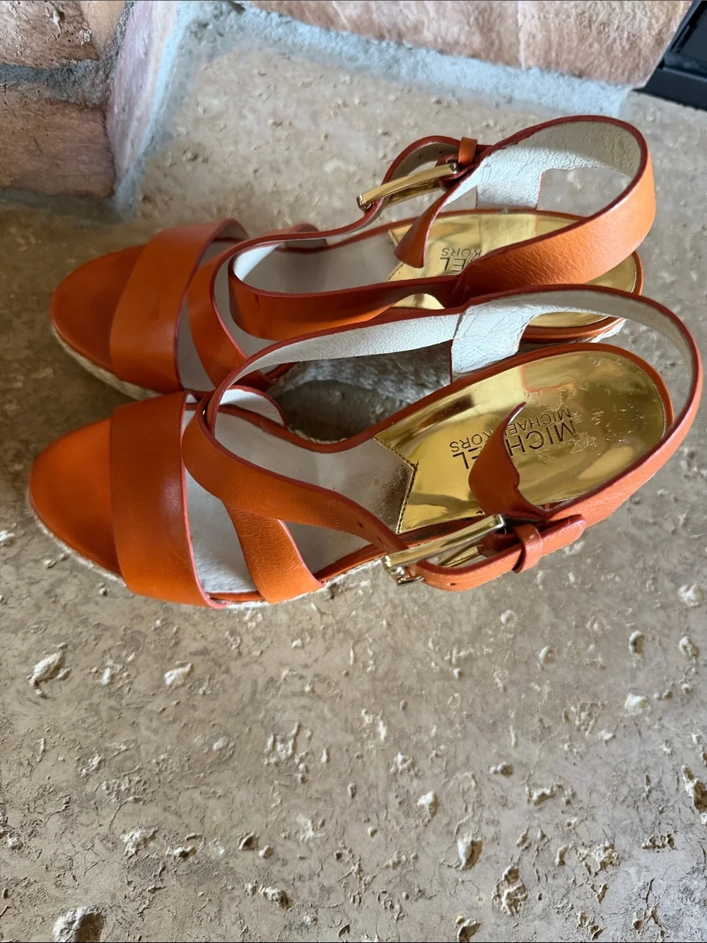 Michael Kors Orange Leather Espadrille Wedge Sandals with Gold Buckle